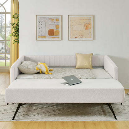 Full Size Daybed with Trundle Upholstered Sofa Bed, with Vertical Stripes, Linen Fabric, Beige (82.5"x58"x30") image 2