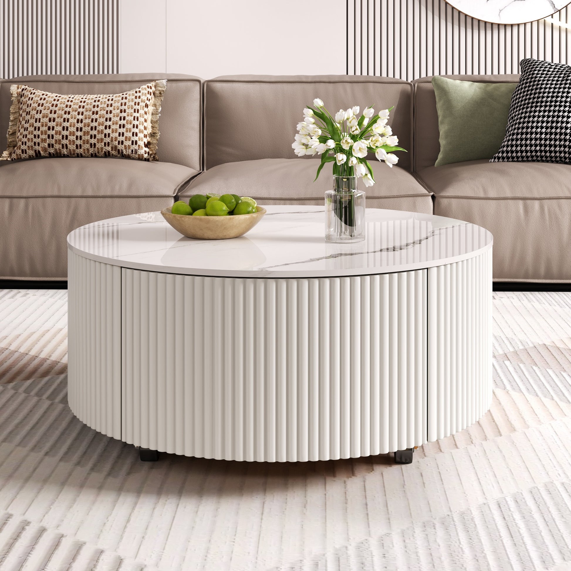 Modern Round Movable Coffee Table with Casters, 2 Drawers, Marble Pattern Sintered Stone Top, White, 29.5" image 2