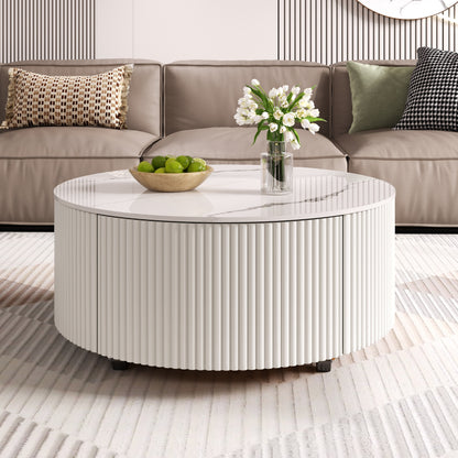Modern Round Movable Coffee Table with Casters, 2 Drawers, Marble Pattern Sintered Stone Top, White, 29.5" image 2