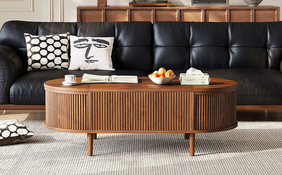U-Can Minimalist Oval Lift-Top Coffee Table with Hidden Storage and Wood Wave Grain Finish image 4