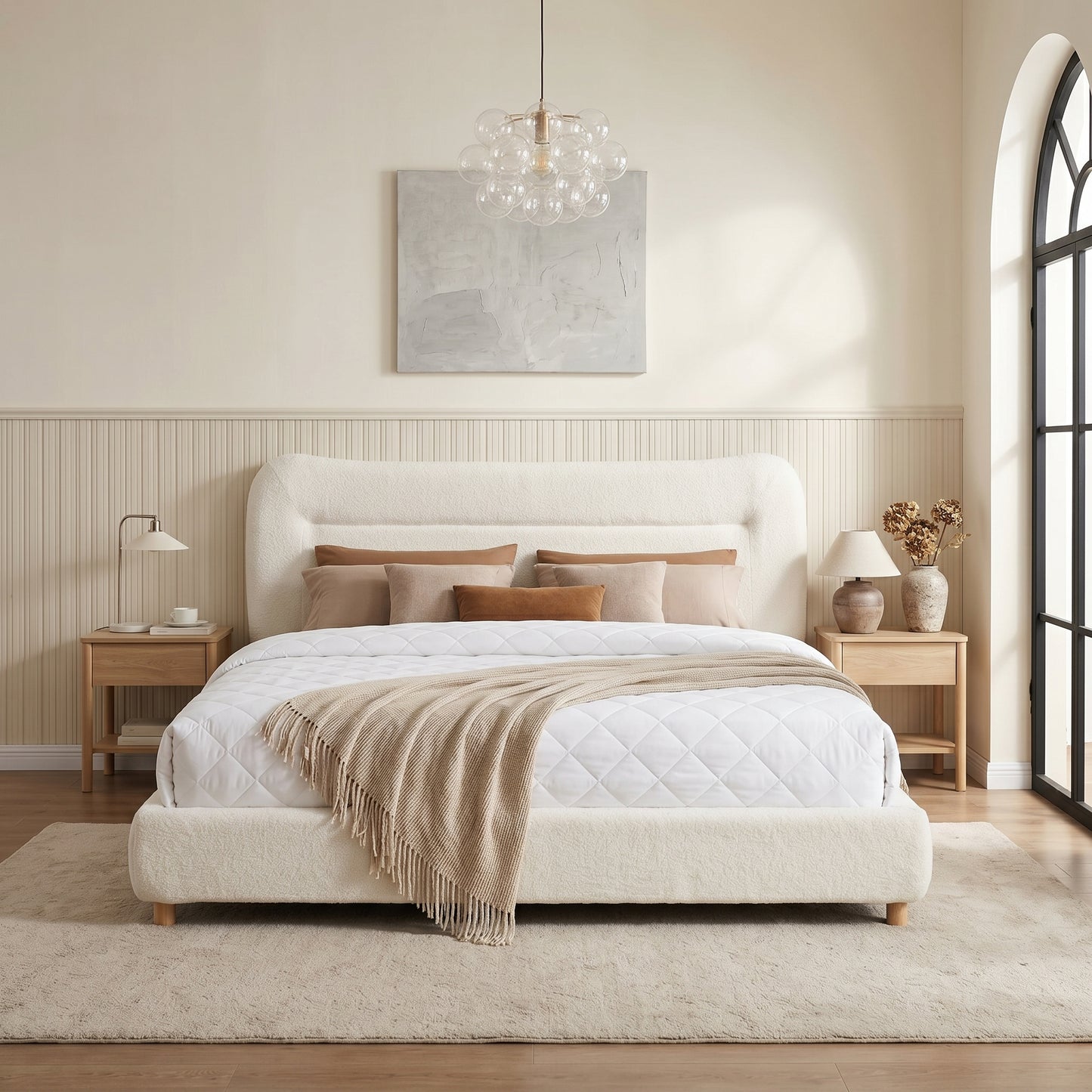 Minimalist curved headboard teddy bear plush bed, King, Cream image 3