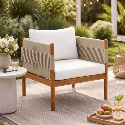 Outdoor Acacia Wood Club Chair with Diamond Rope Weave & Cushions, Teak Finish image 1