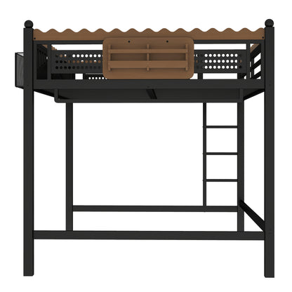Queen Size Loft Bed with Ladders, Metal Loft Bed with Storage Shelves and bookshelf, No Box Spring Needed and Chic Design, Black image 9