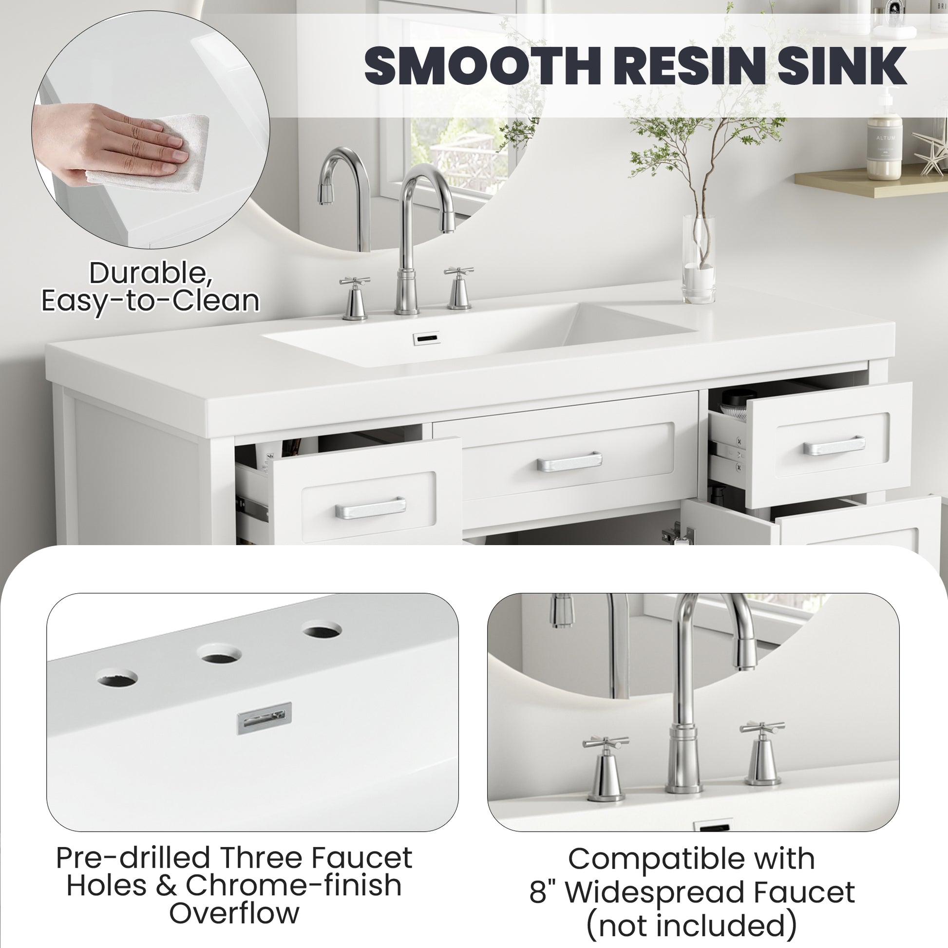 48" Resin Basin for Bathroom Vanity, Bathroom Sinks with 3-Faucet Holes, Vanity Top only, Bright White image 4