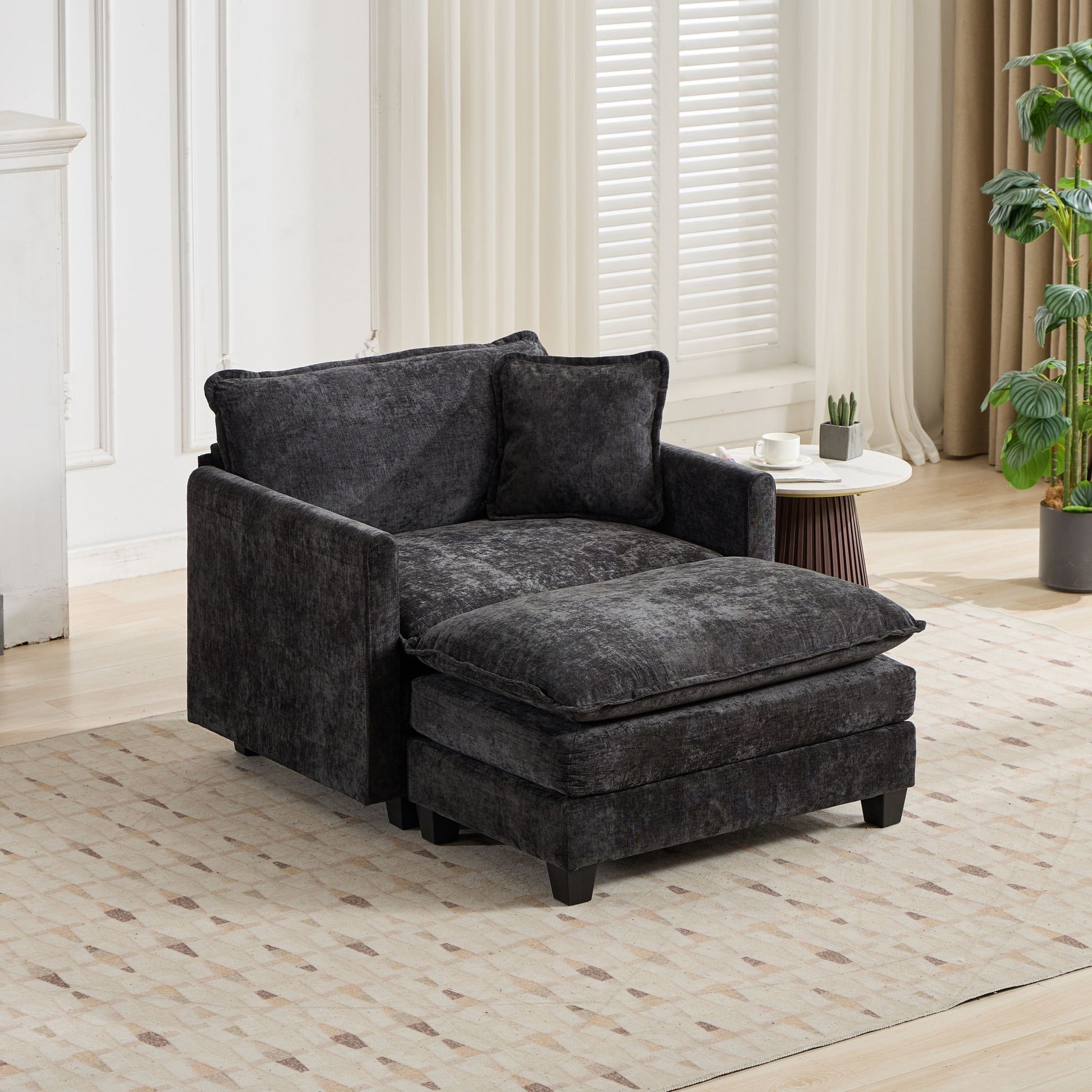 Cloud Sofa Ottoman only, Modern Sectional Couch, for Living Room Bedroom and Apartment, Comfy Double Layer Upholstered Seat Cushion, Breathable Chenille Fabric, Black image 3