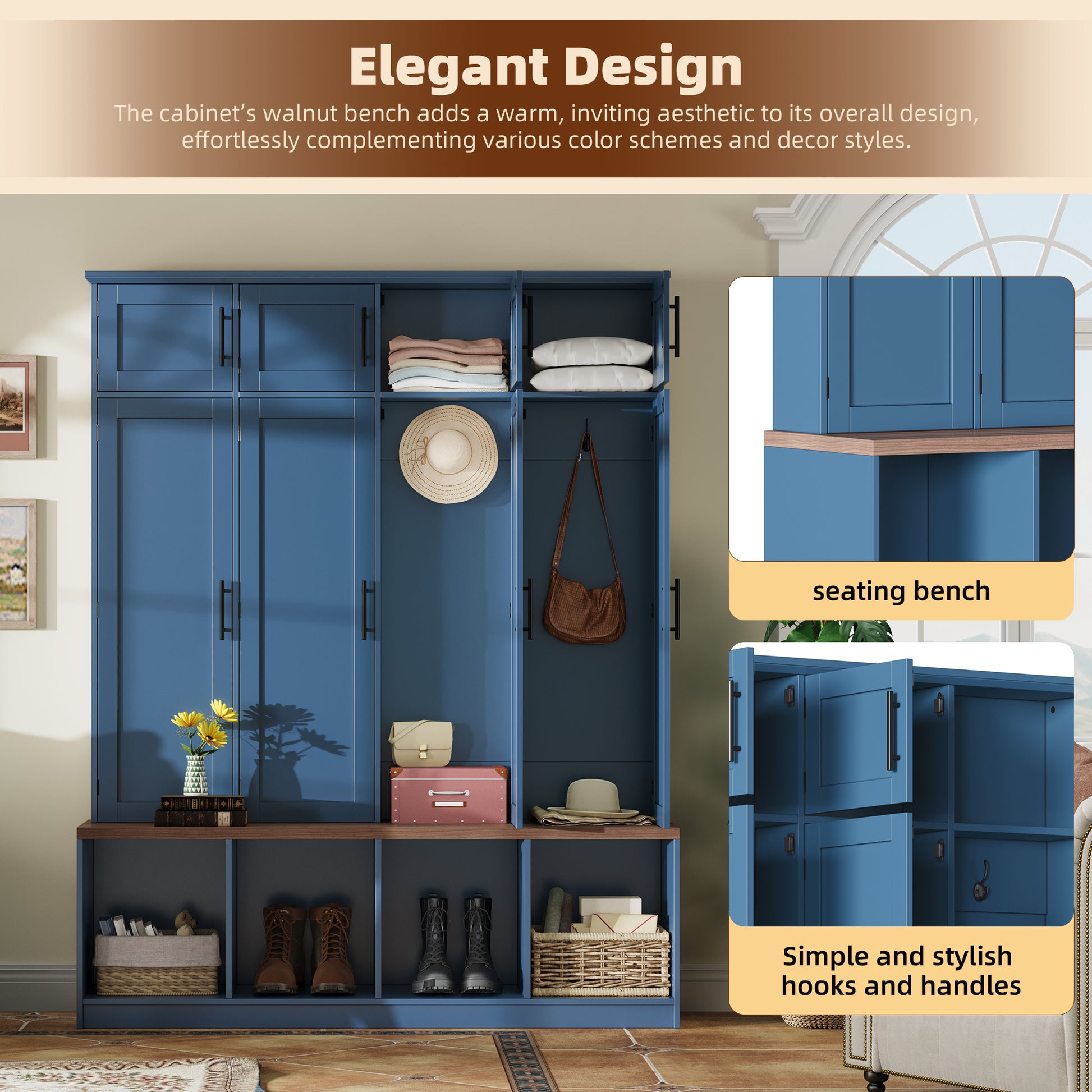 Farmhouse Hall Tree with 4 Hidden Hanging Hooks, Versatile Walnut Seating Bench with 8 Doors, Entryway Shoe Cabinet with Open Compartment for Living Room, Blue (OLD SKU:N721S000059C) image 6
