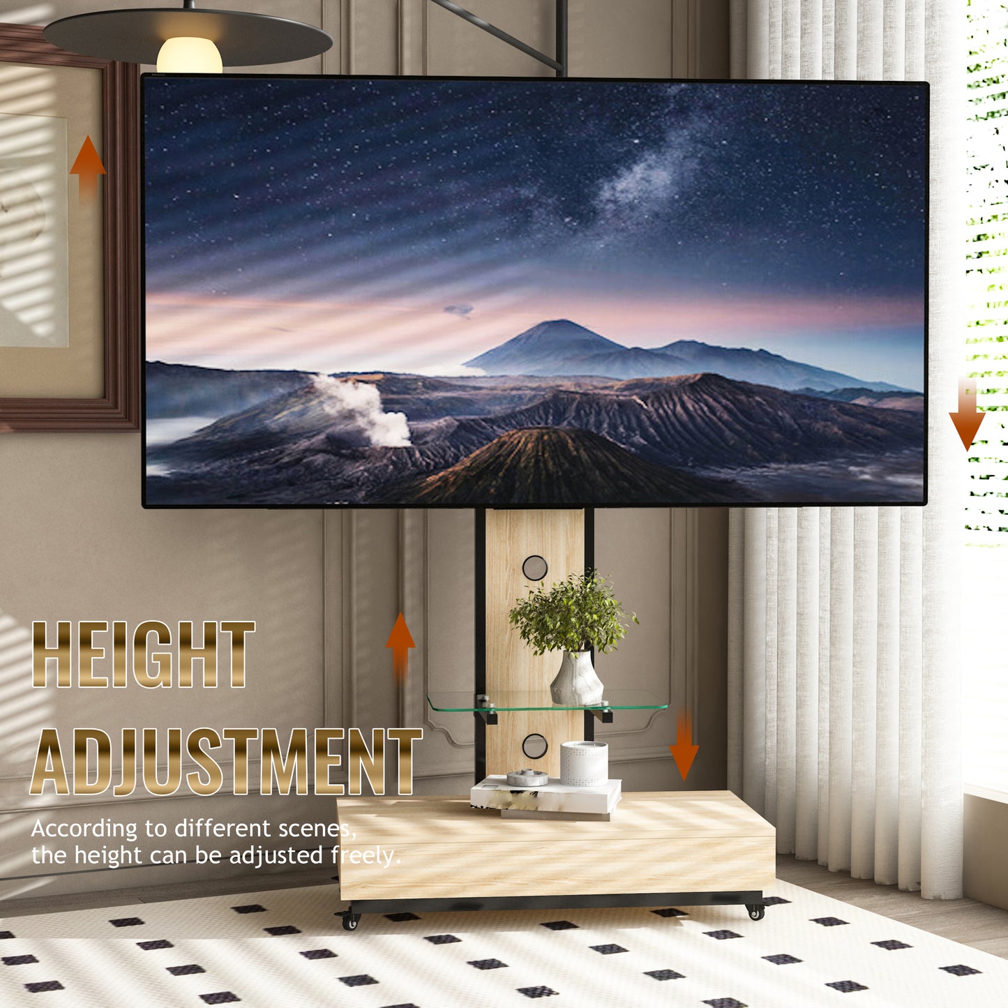 TV stand with push-pull drawer for Living Room, Bedroom,Offices,Mobile TV Cart for 32-75 inches,Wood &glass TV Stand,Floor Stand with Mount on Lockable Wheels,Natural image 6