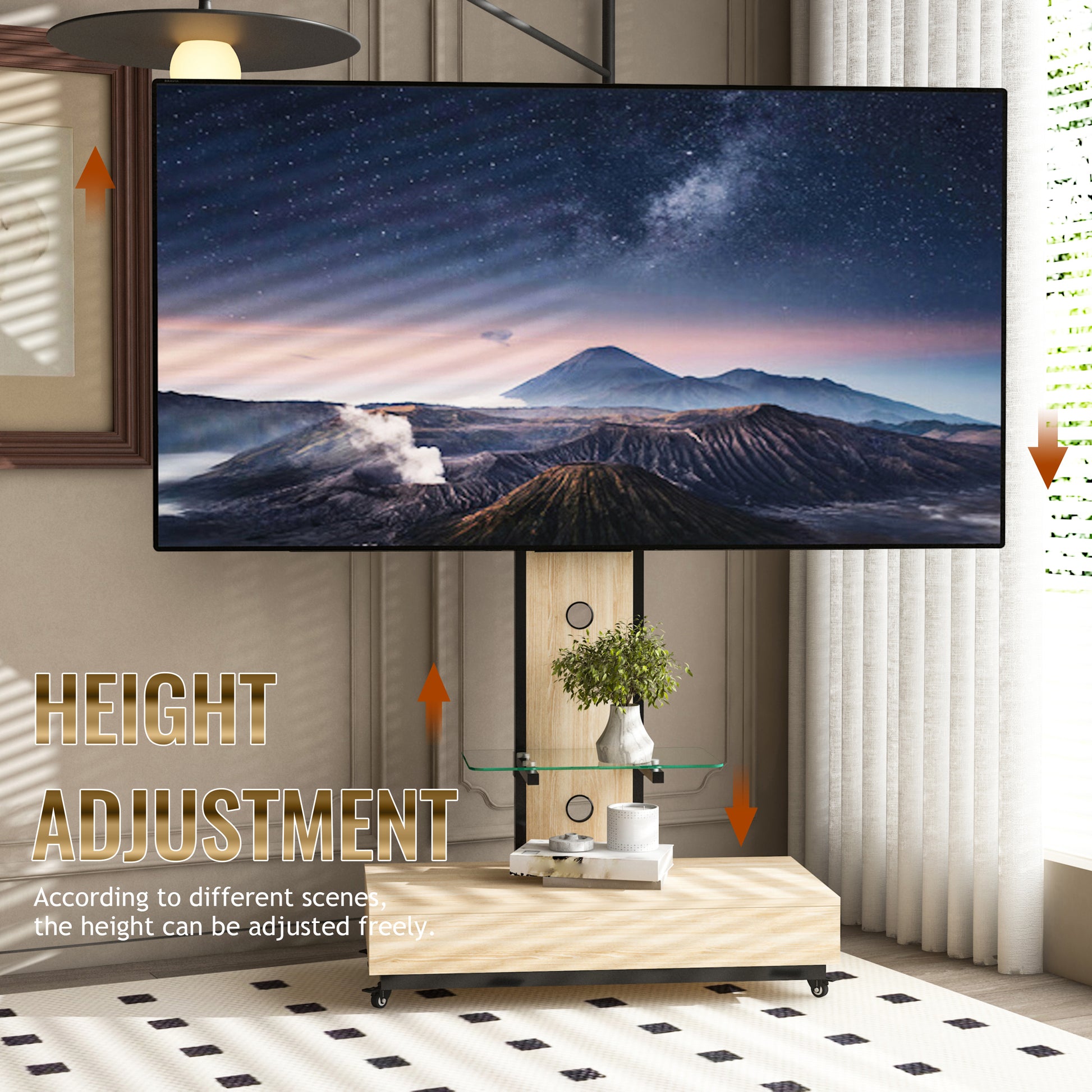TV stand with push-pull drawer for Living Room, Bedroom,Offices,Mobile TV Cart for 32-75 inches,Wood &glass TV Stand,Floor Stand with Mount on Lockable Wheels,Natural image 6