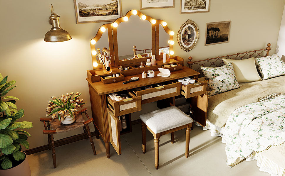 44.37" Makeup Vanity Desk with Stool Set, 13 Hollywood Bulbs & 3 Lighting Modes Dressing Table, Tri-Fold Mirror Large Vanity Table with Cushioned Stool, Charging Station, Ample Storage, Espresso image 9