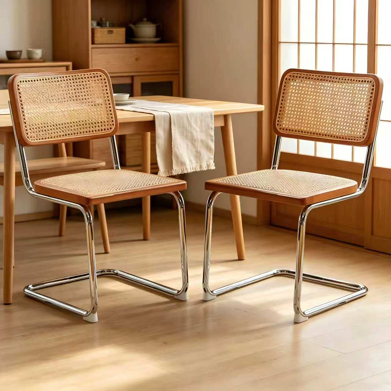 Dining Chairs Set of 2, Rattan Side Accent Chairs with Chrome Legs, Modern Mid Century Breuer Designed Chairs, Upholstered Dining Living Room Kitchen Chairs image 2