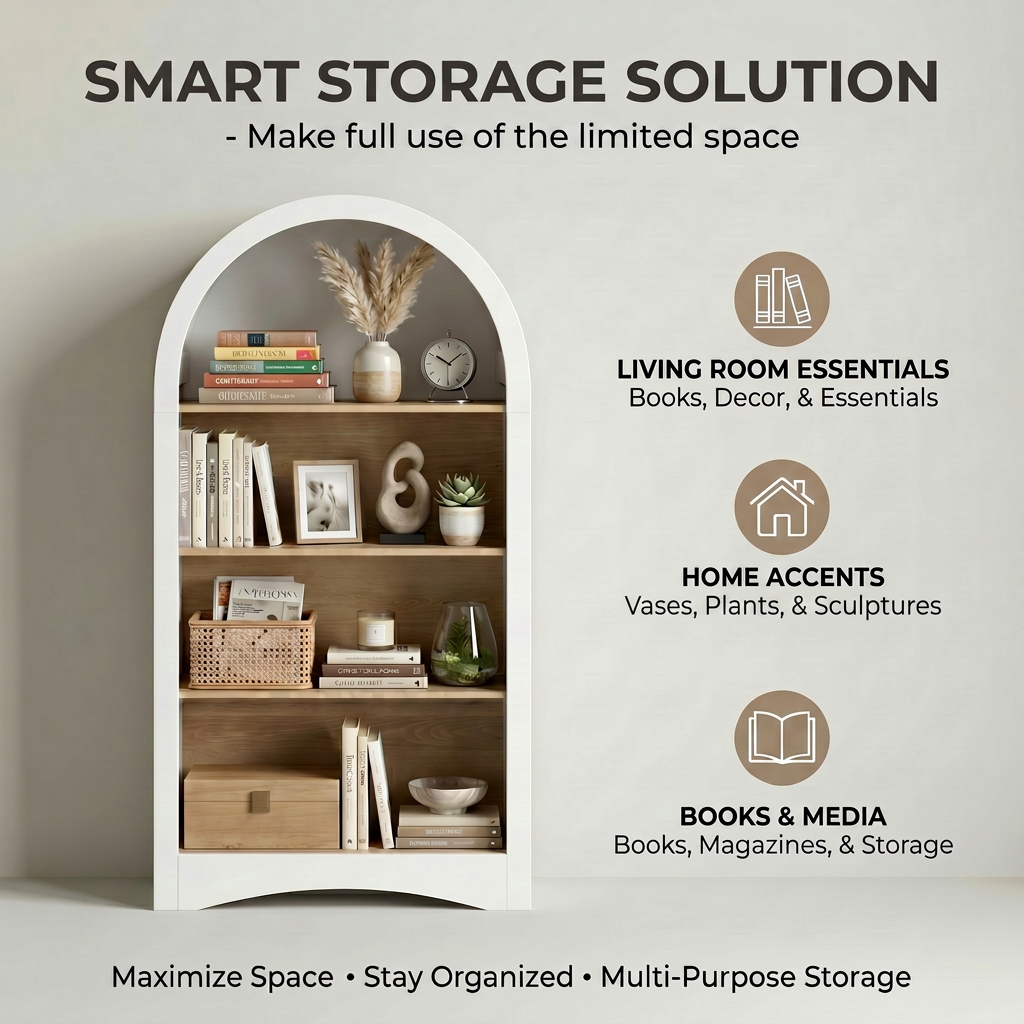 47" Freestanding Display Rack with Woodgrain Shelves, Arched Multifunctional Storage Cabinet, 4-Tier Open Shelf, Small Space Accent Bookcase for Living Room, Bedroom, Entryway,WHITE image 7