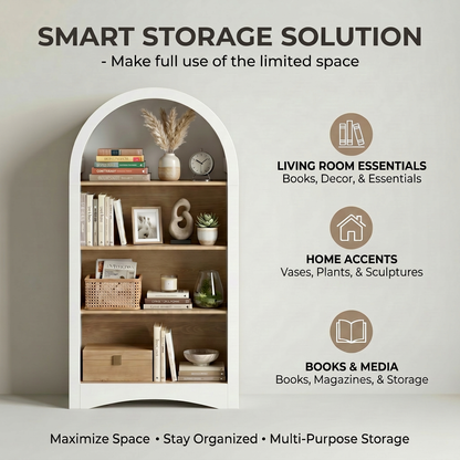 47" Freestanding Display Rack with Woodgrain Shelves, Arched Multifunctional Storage Cabinet, 4-Tier Open Shelf, Small Space Accent Bookcase for Living Room, Bedroom, Entryway,WHITE image 7