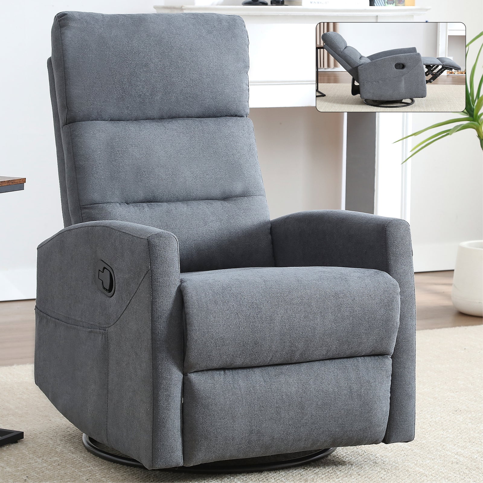 Manual Recliner Chair with Rocker and Swivel in Fabric for Living Room, Grey image 1