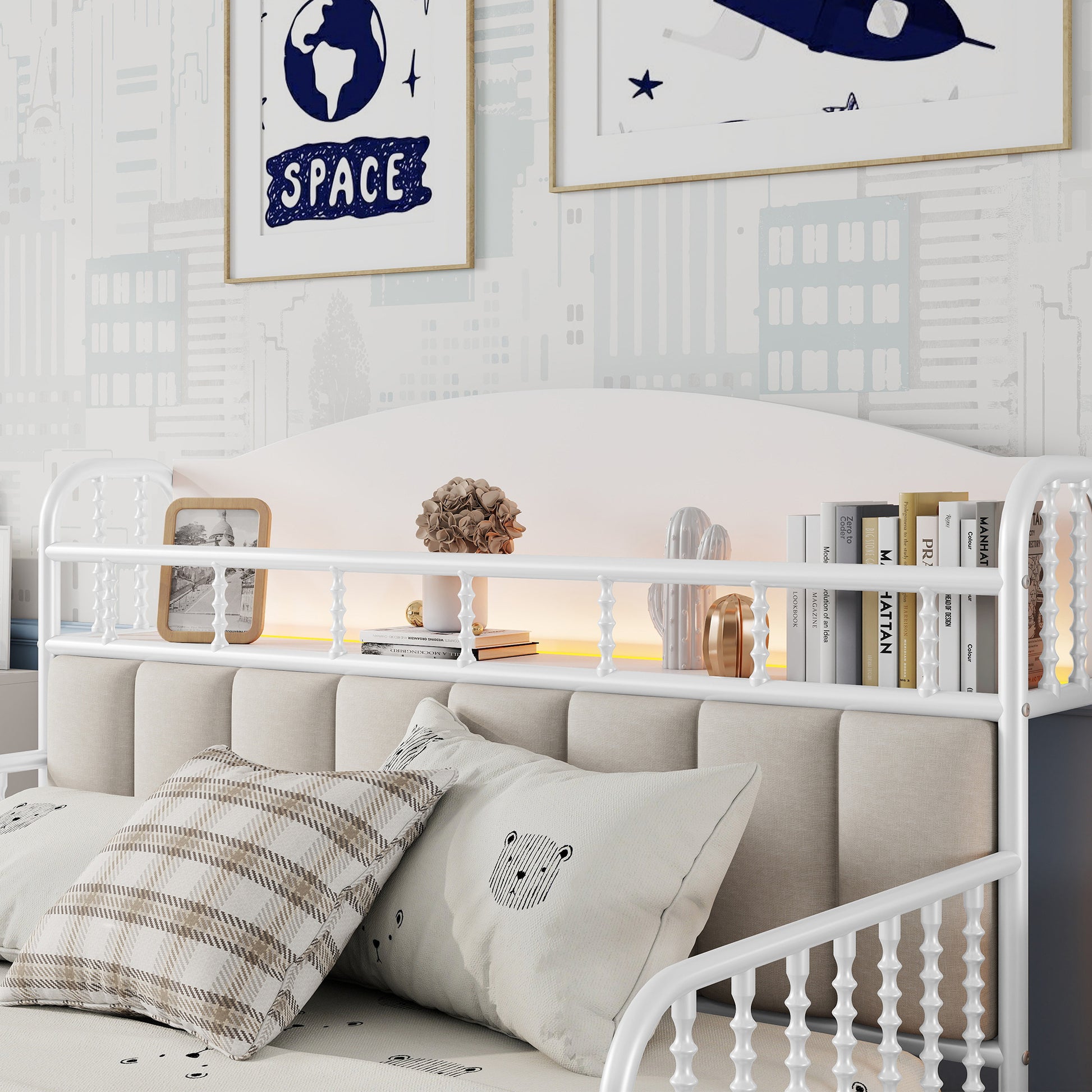 Full Size Metal Platform Bed Frame with Light, Kids Full Metal Bed with Upholstered and Storage Headboard, White (Expect Arrival Date 2025/10/5) image 5