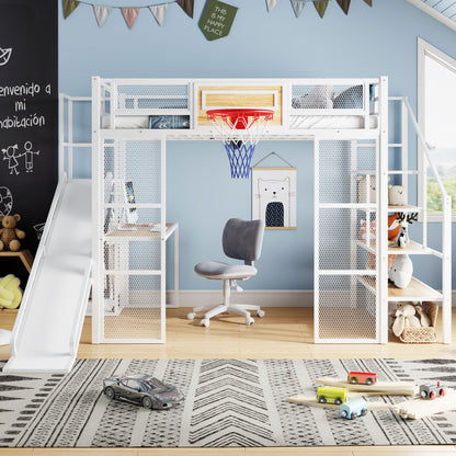Full Size Metal Loft bed with Built-in Desk, Open Wardrobe, Basketball hoop, Slide and Staircase, White image 3