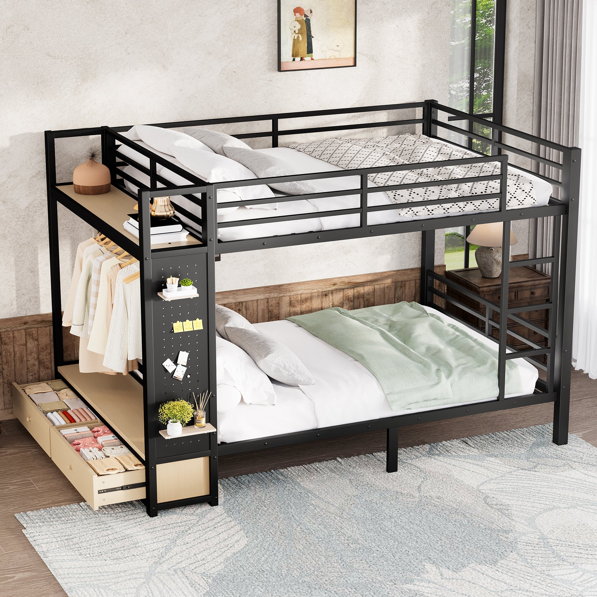Queen over Queen size Metal Bunk Bed for Teens with Storage Shelves,Drawers and Pegboard,Black image 3