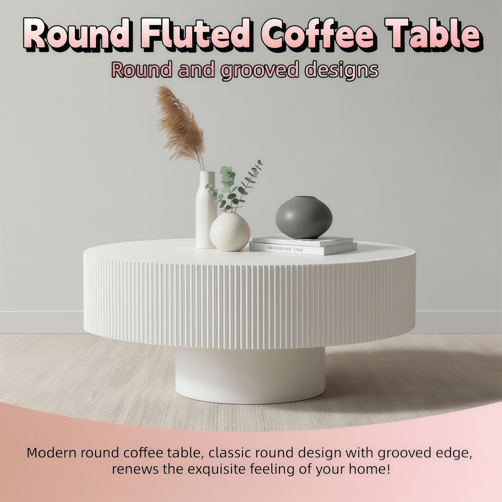Round Coffee Table, Fluted Coffee Table with Sturdy Pedestal, Mid Century Modern Coffee Table for Living Room, Bedroom, Terrace, Office, Small Space (White Round Thick) image 6