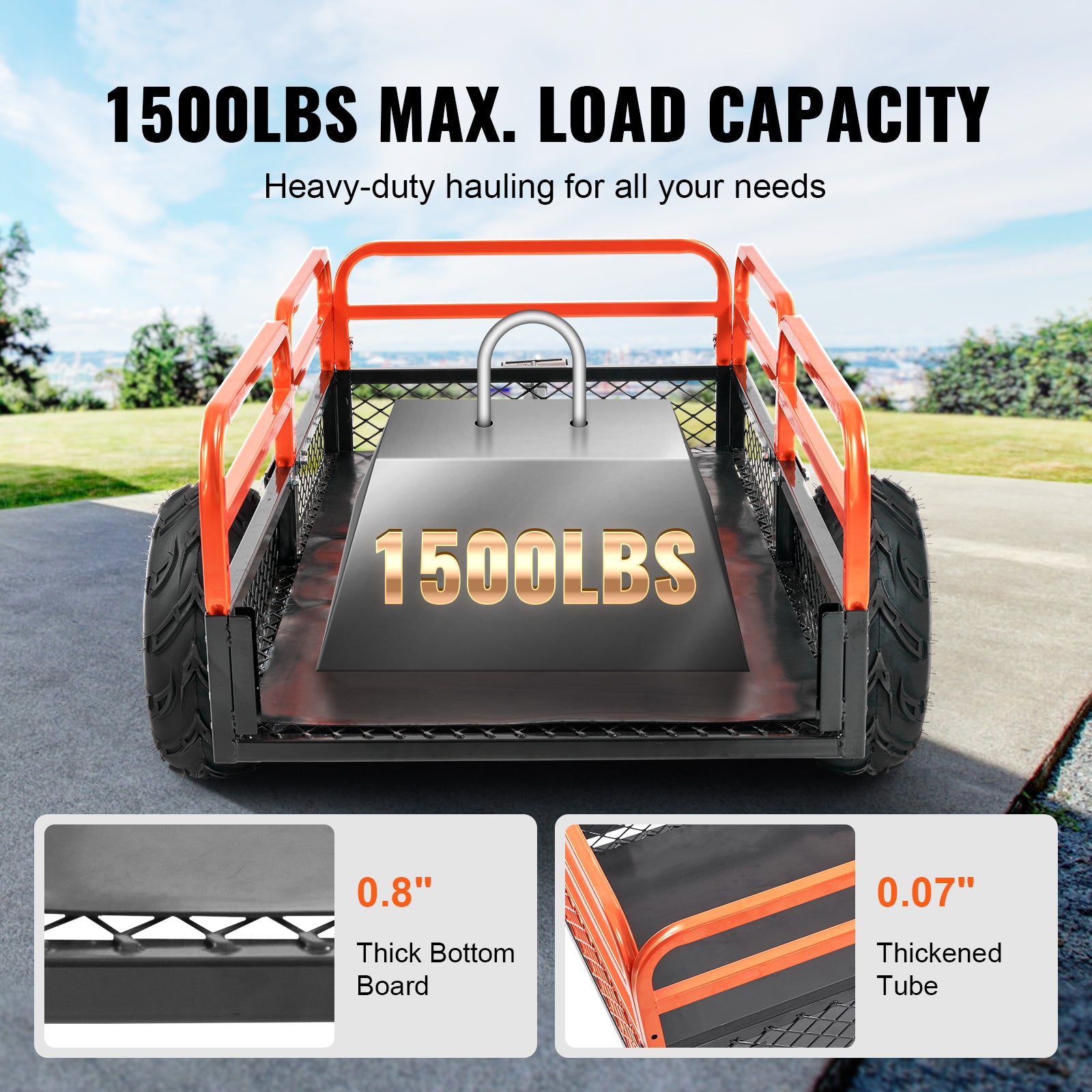Heavy Duty Steel ATV Dump Trailer, 1500-Pound Load Capacity 15 Cubic Feet, Tow Behind Dump Cart Garden Trailer, with Removable Sides and 2 Tires, for Mowers, Tractors, ATV, UTV image 9