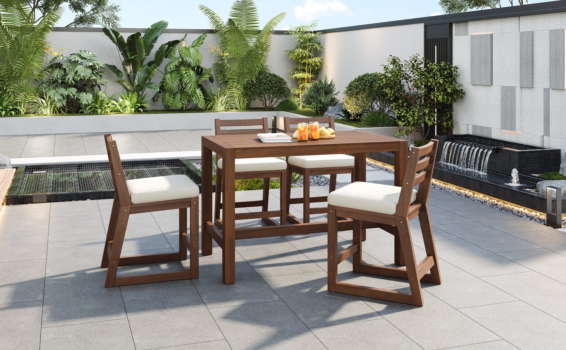 TREXM 5-Piece Rustic Patio Bar Set, Patio Table and Chairs Set with Ergonomic Chairs, Solid Wood Slatted Tabletop for Poolside, Balcony, Backyard, Porch (Mocha+Beige Cushion) image 12