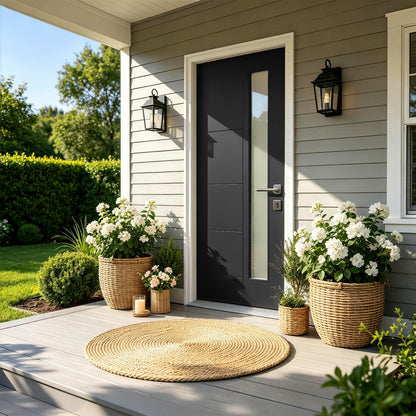 36"x80" Fiberglass Front Door with White 4-9/16" PVC Frame,Left-Hand Inswing Exterior Door with Brickmould,Contemporary minimalist brushed skin & Grooved line with frosted glass for Home Entrance, Bla image 1