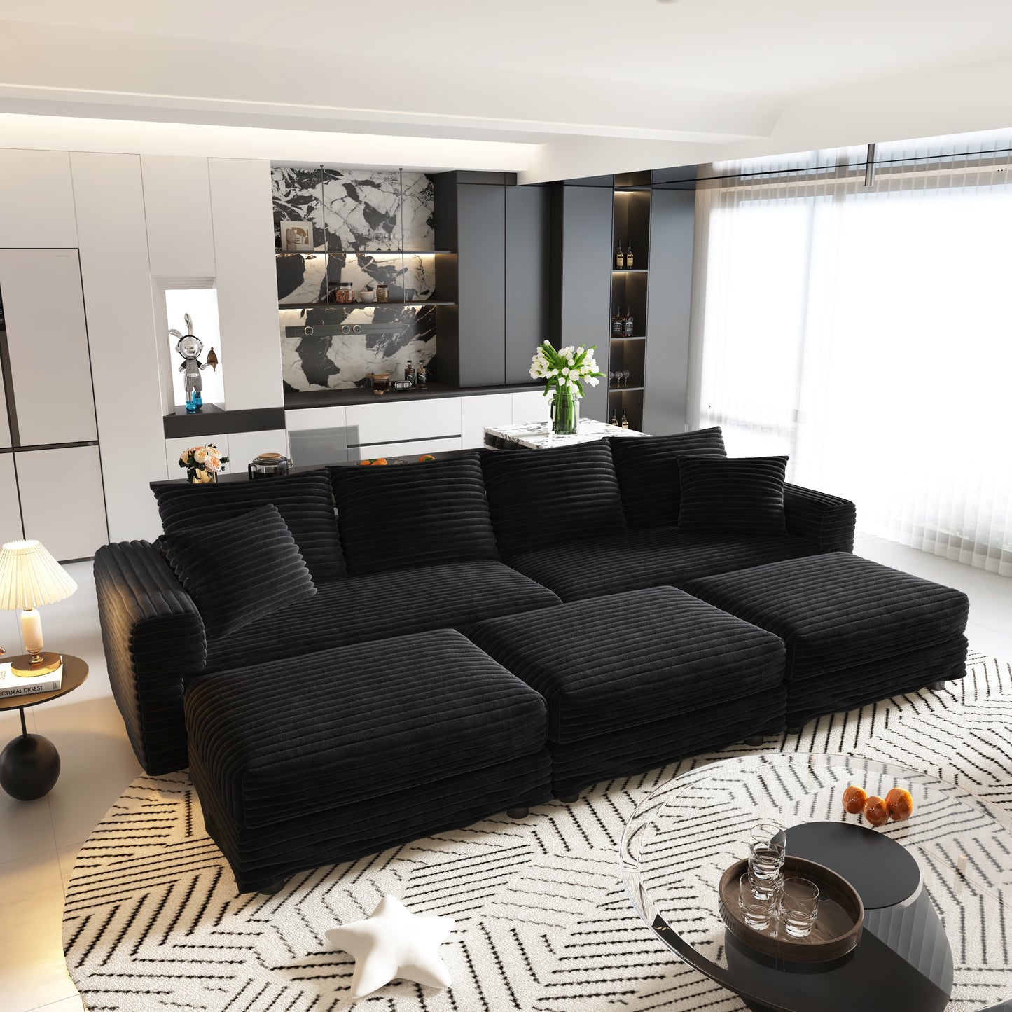 102.4 "Plush Corduroy 4-Seat Sofa,Modern Comfy Upholstered Sofa Cloud Couch,Deep Seat Couches with Soft Pillows and 3 Ottomans,Convertible Sofa Lounge Chair,Black(Old SKU:W1885S00287) image 1