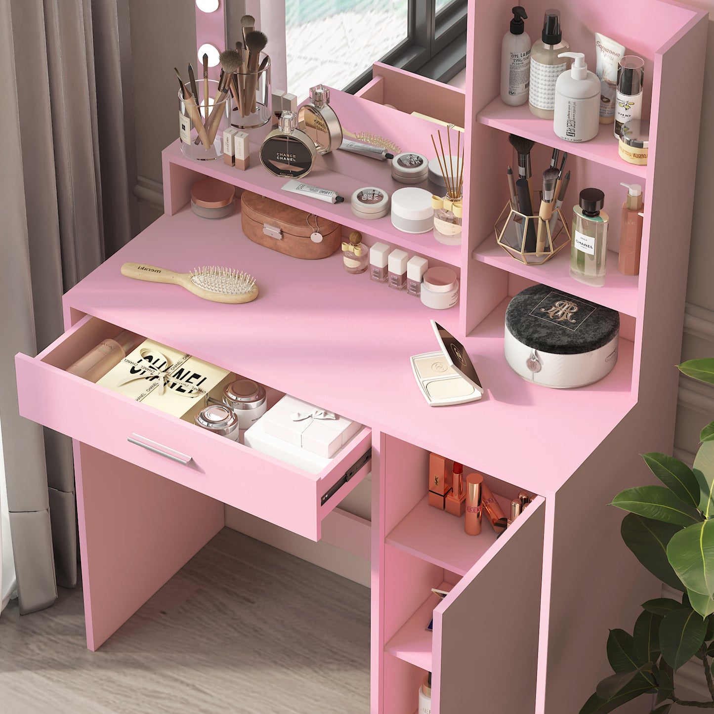 Vanity Desk with Mirror & Light, Large Drawer Three Level Storage Dresser, 3 Lighting Modes Adjustable Brightness, Bedroom Dressing Table(Pink) image 8