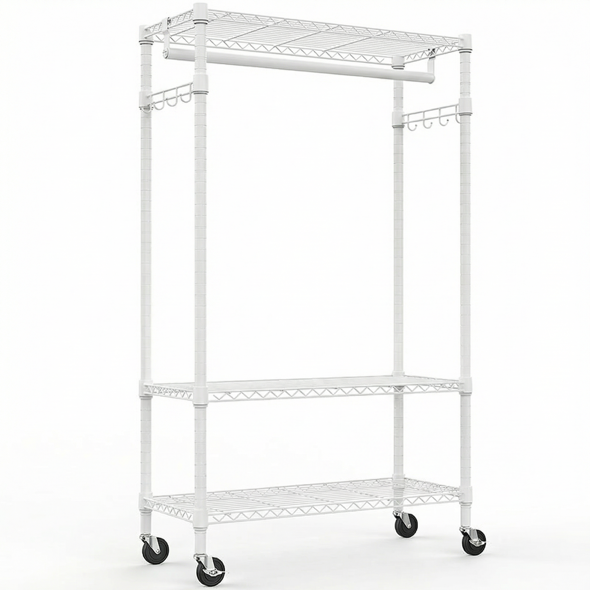 Heavy Duty Rolling Garment Rack 3 Tiers Adjustable Wire Shelving Clothes Rack with Rods and Side Hooks,Storage Closet Clothing Rack with Wheels White 15.7" D x 29.5" W x 74.5" H image 8