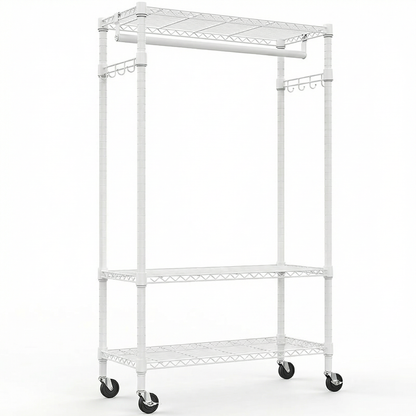 Heavy Duty Rolling Garment Rack 3 Tiers Adjustable Wire Shelving Clothes Rack with Rods and Side Hooks,Storage Closet Clothing Rack with Wheels White 15.7" D x 29.5" W x 74.5" H image 8