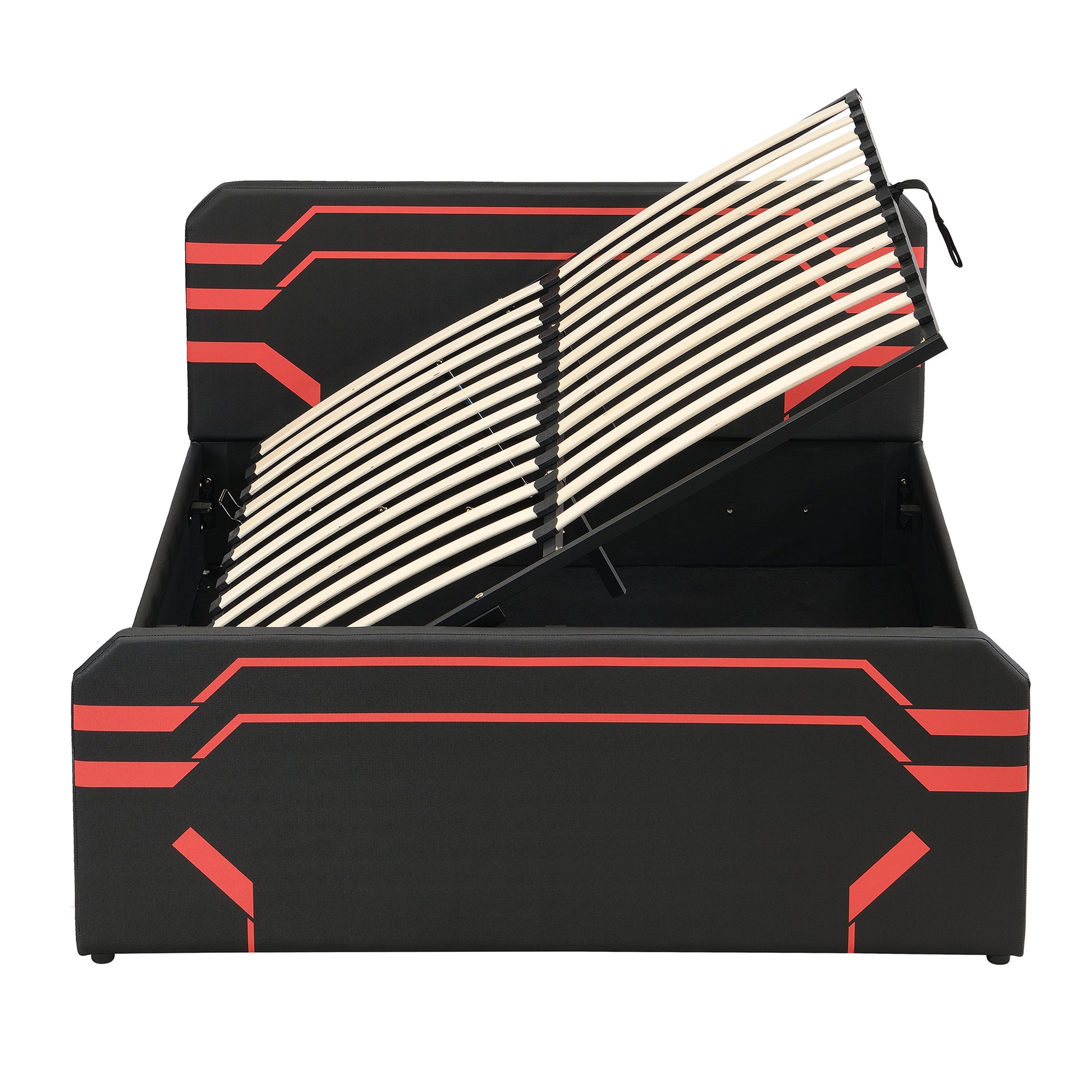 Queen Size Upholstered Gaming Bed with Side-Lift Hydraulic Storage System, Cyberpunk Style Platform Bed with Futuristic Pattern for Gamers & Gen Z, Black+Red image 7