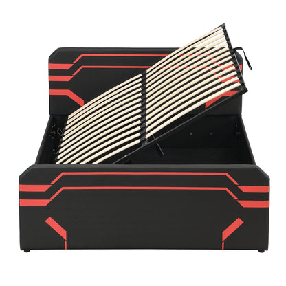 Queen Size Upholstered Gaming Bed with Side-Lift Hydraulic Storage System, Cyberpunk Style Platform Bed with Futuristic Pattern for Gamers & Gen Z, Black+Red image 7
