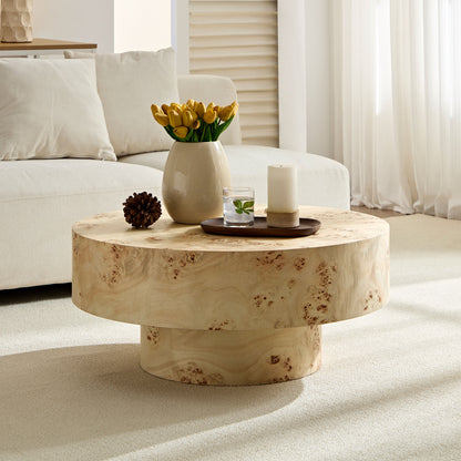 31.49''Mid Century Modern Round Wood Coffee Table with Burl Wood Veneer and Sturdy Pedestal for Living Room Office Apartment image 12