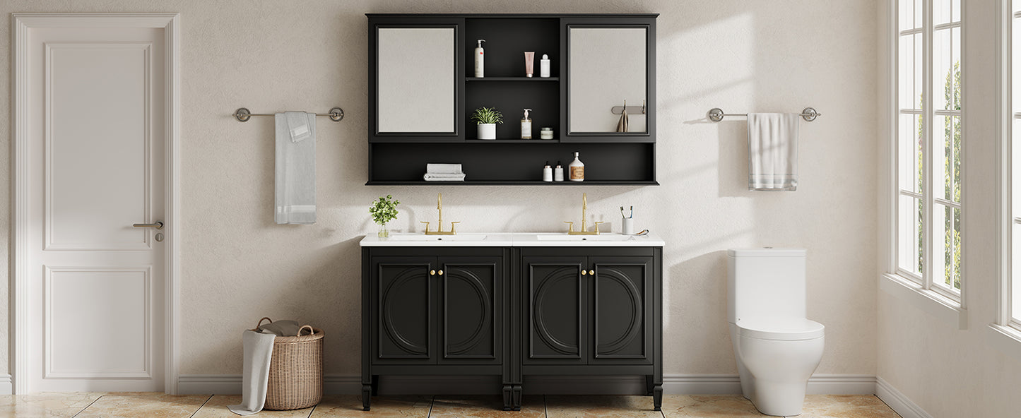 60" Double Sink Bathroom Vanity Set with Matching Wall Mount Medicine Cabinet, Vintage Raised Round Panel Doors & Tapered Legs, Soft Close Hinges, Adjustable Storage Shelves, Black image 9