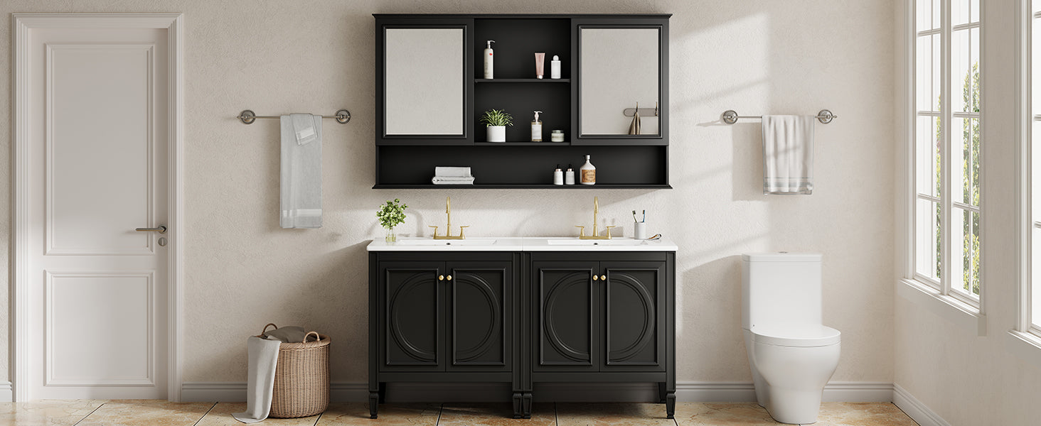 60" Double Sink Bathroom Vanity Set with Matching Wall Mount Medicine Cabinet, Vintage Raised Round Panel Doors & Tapered Legs, Soft Close Hinges, Adjustable Storage Shelves, Black image 9