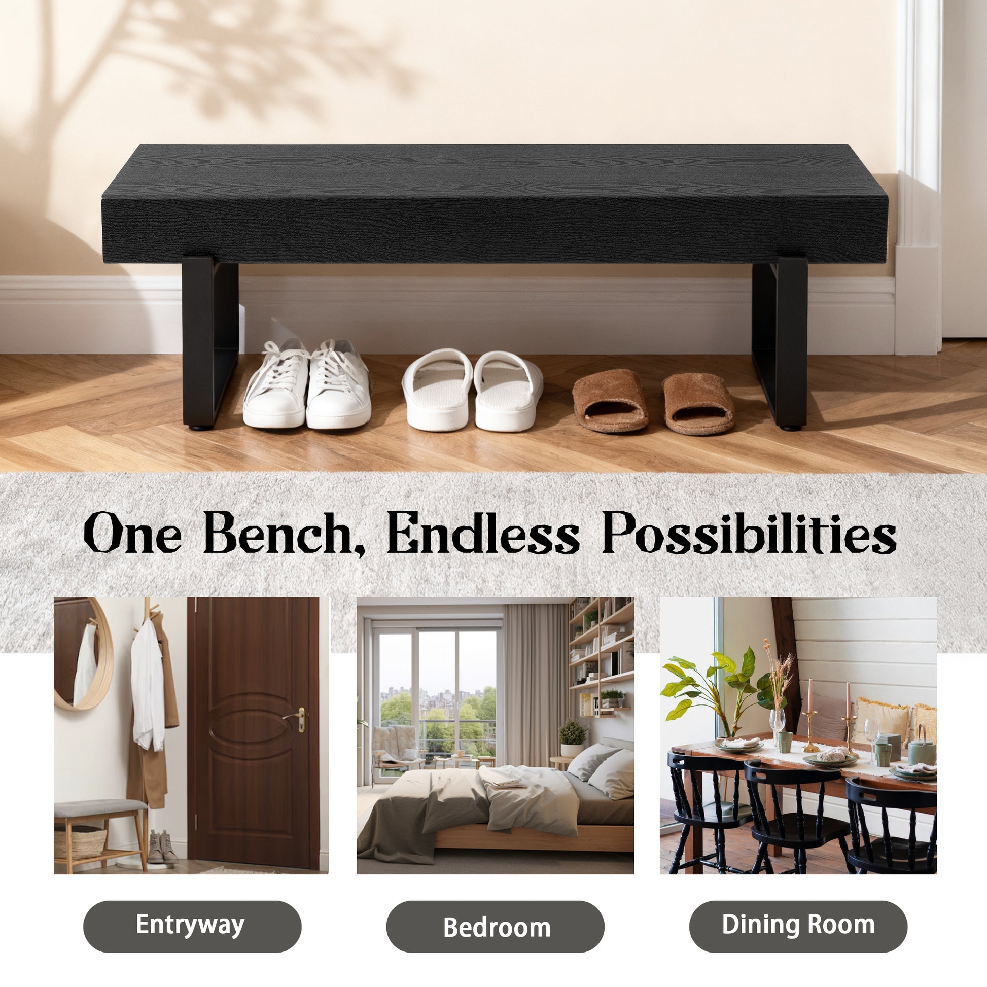 59" Wood Bench for Bedroom End of Bed, Farmhouse Indoor Kitchen Table Benches,Versatile Modern Shoe Bench for Entryway, Black image 5