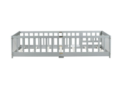 Twin Size Floor Bed with Fence and Door,Rubber Wood Floor Bed with Safety Guardrails,Grey (Old Sku W504P286372) image 2