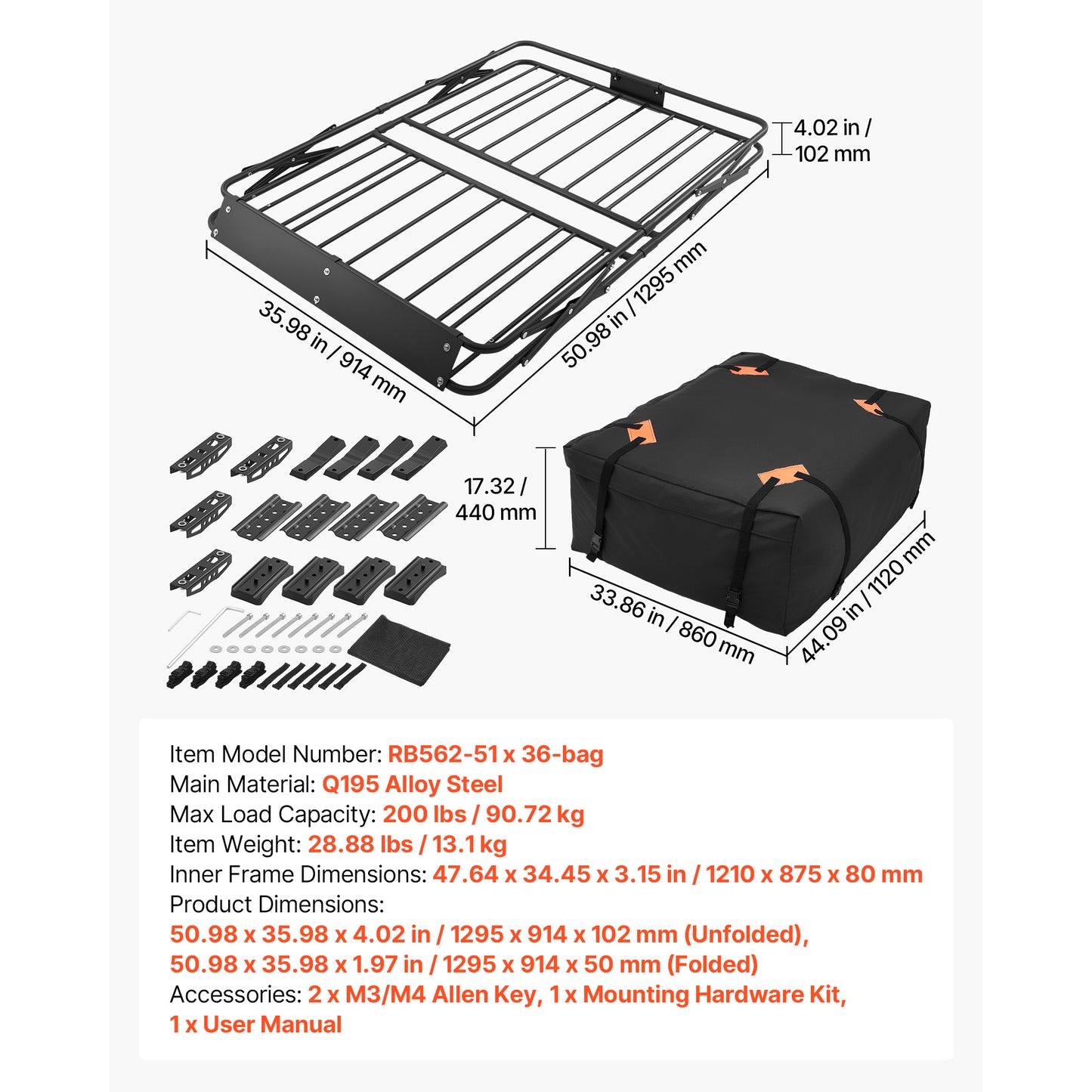 Roof Rack Cargo Basket, 51 x 36 x 4 in, Heavy Duty Roof Top Carrier Basket with Folding Design, 200 lbs Capacity, All-Weather Easy-Install Car Top Luggage Holder, Universal Fit for SUV Truck Car image 10