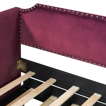 Twin Size Velvet Upholstered Daybed with Pop Up Trundle, Wine Red image 12