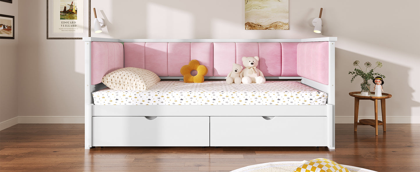 Twin XL to King Size Daybed with Two Storage Drawers and Upholstered Backrest, White+Pink image 7