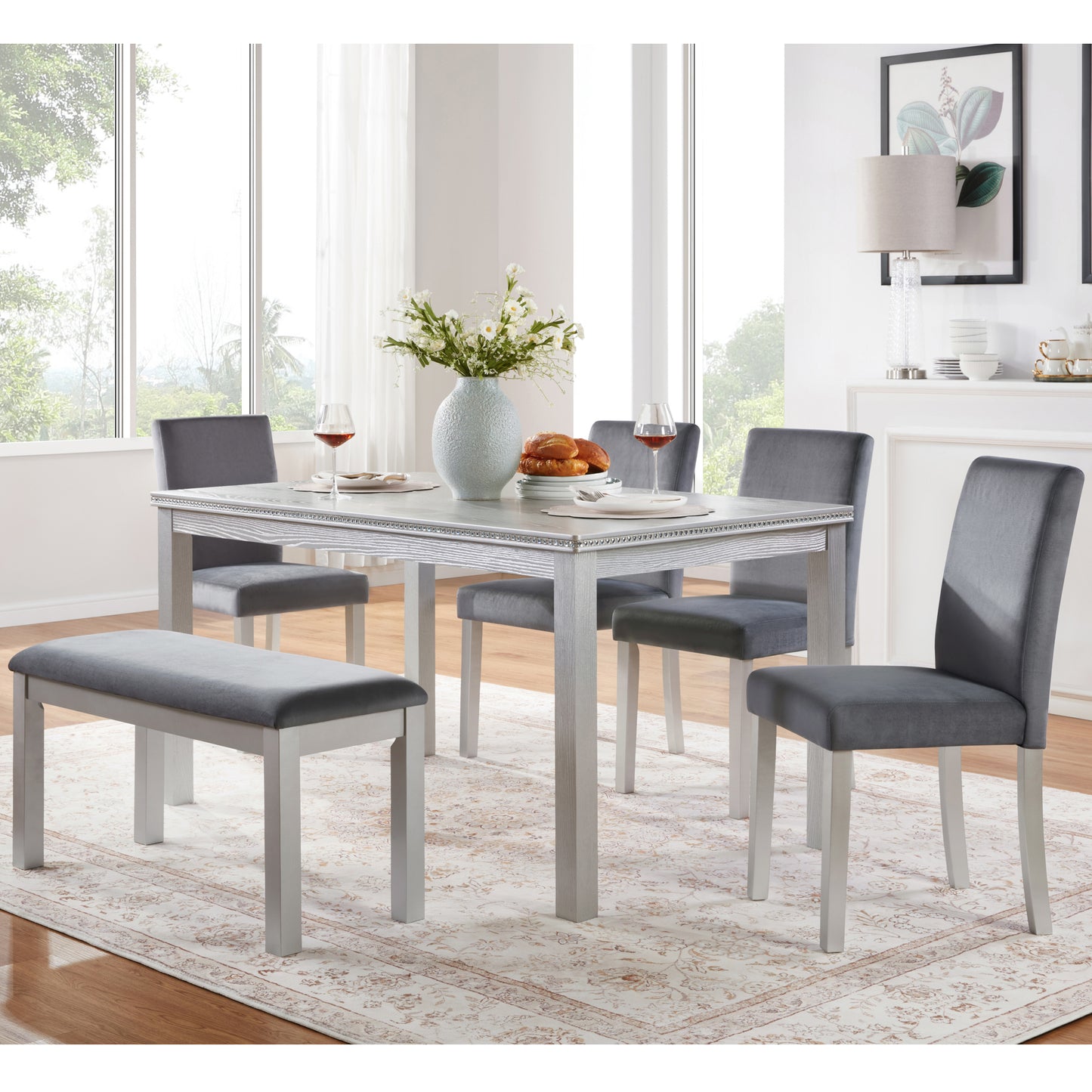 6 Piece Wooden Dining Table Set, Wooden Dining Table with 4 Upholstered Chairs and Bench for 6 People, Rectangular Dining Table Set with Crystal Decoration for Kitchen, Dining Room, Silver grey image 2