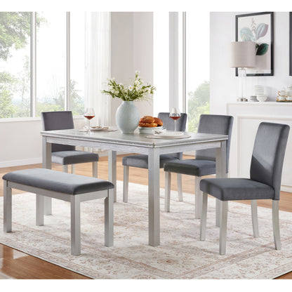 6 Piece Wooden Dining Table Set, Wooden Dining Table with 4 Upholstered Chairs and Bench for 6 People, Rectangular Dining Table Set with Crystal Decoration for Kitchen, Dining Room, Silver grey image 2