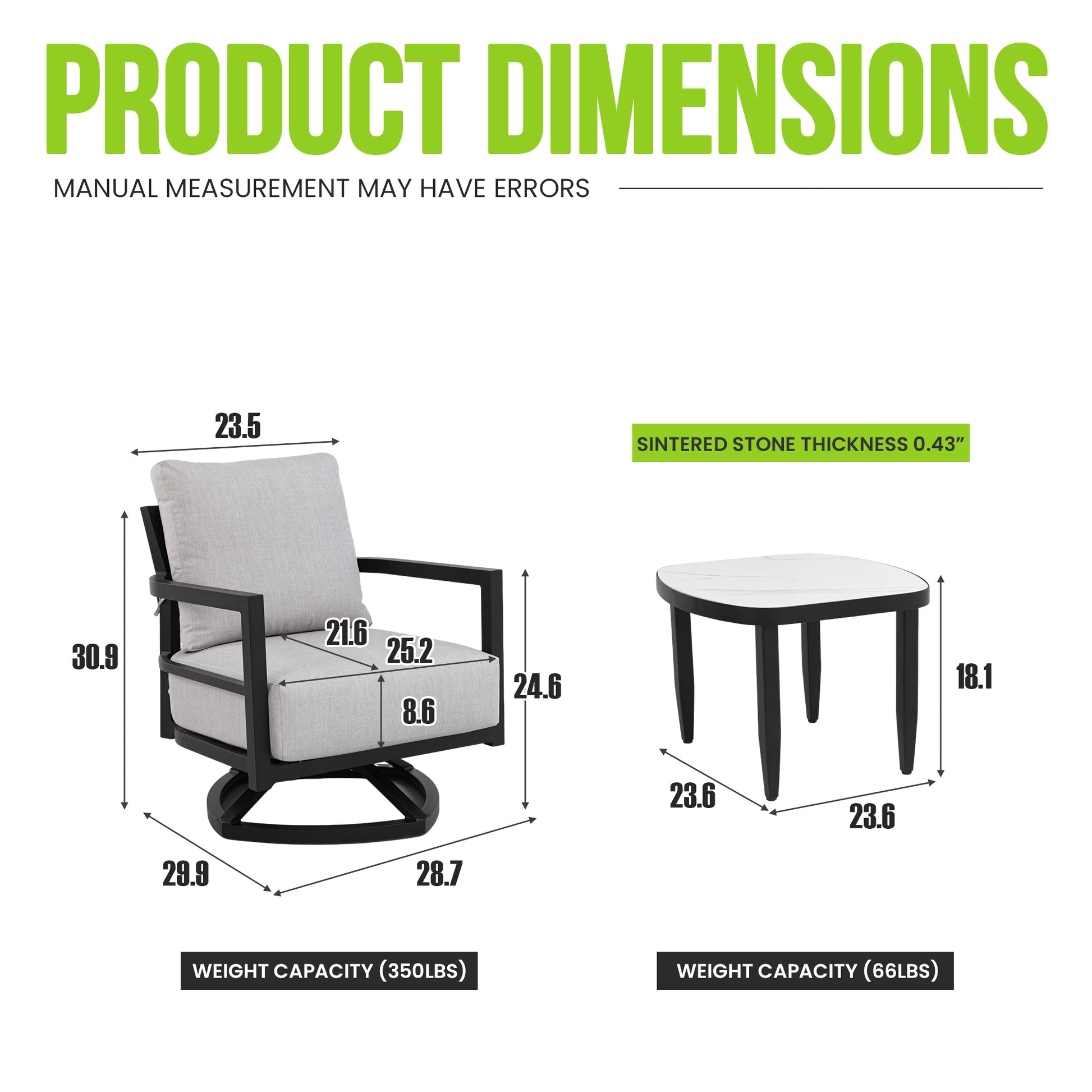 3PC Outdoor Aluminum Patio Furniture,Modern Fully Weld Swivel Lounge Chair Chat Set,Sunbrella Cushions,Elegance Arc 23.6'' Side Table with Greek White Marble-Inspired Sintered Stone Top,Ember Black image 9