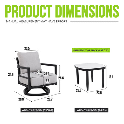 3PC Outdoor Aluminum Patio Furniture,Modern Fully Weld Swivel Lounge Chair Chat Set,Sunbrella Cushions,Elegance Arc 23.6'' Side Table with Greek White Marble-Inspired Sintered Stone Top,Ember Black image 9