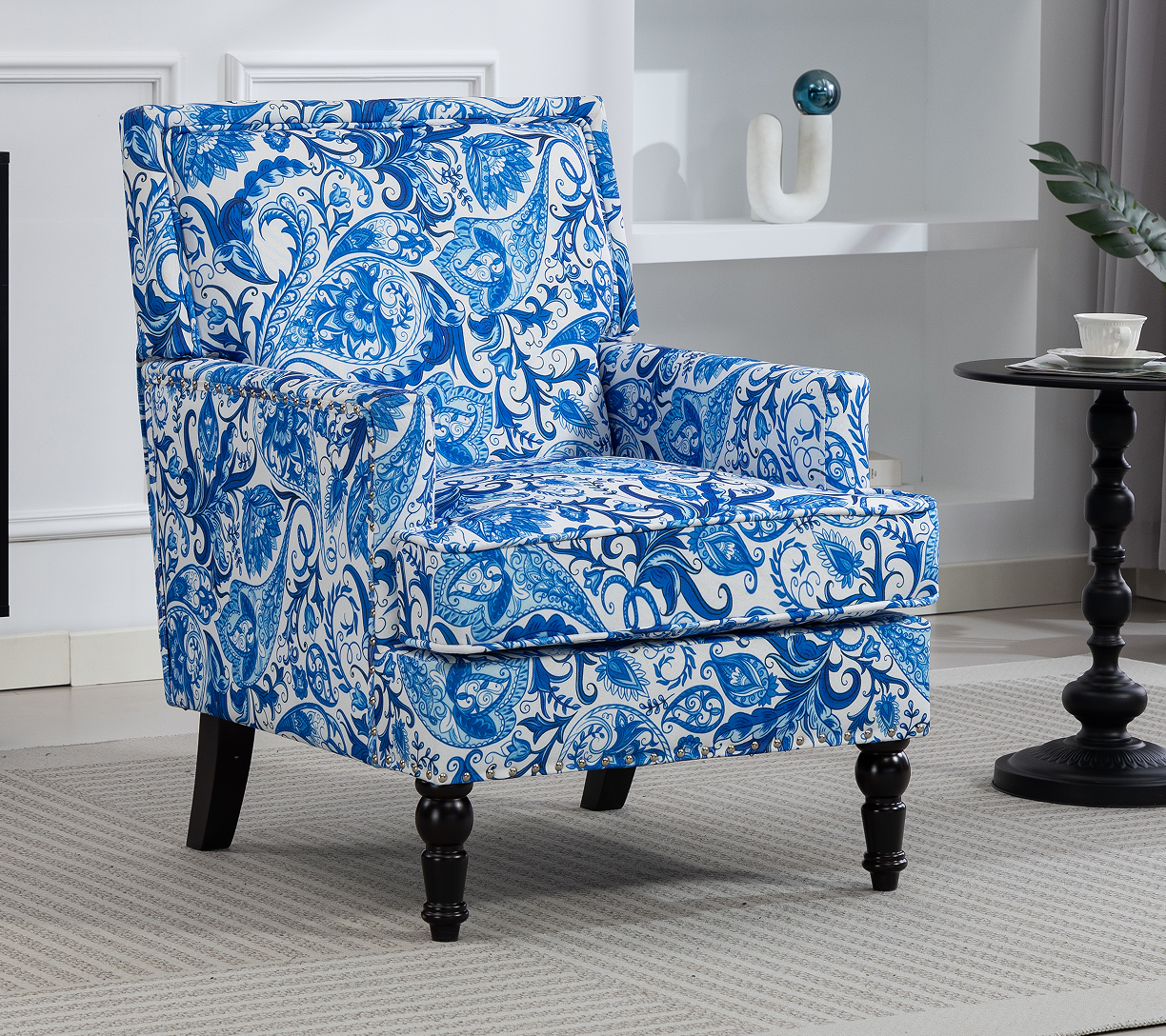 Upholstered Accent Chair, Vintage Armchair with Blue and white porcelain print Linen Fabric and Nailhead Trim for Living Room image 2