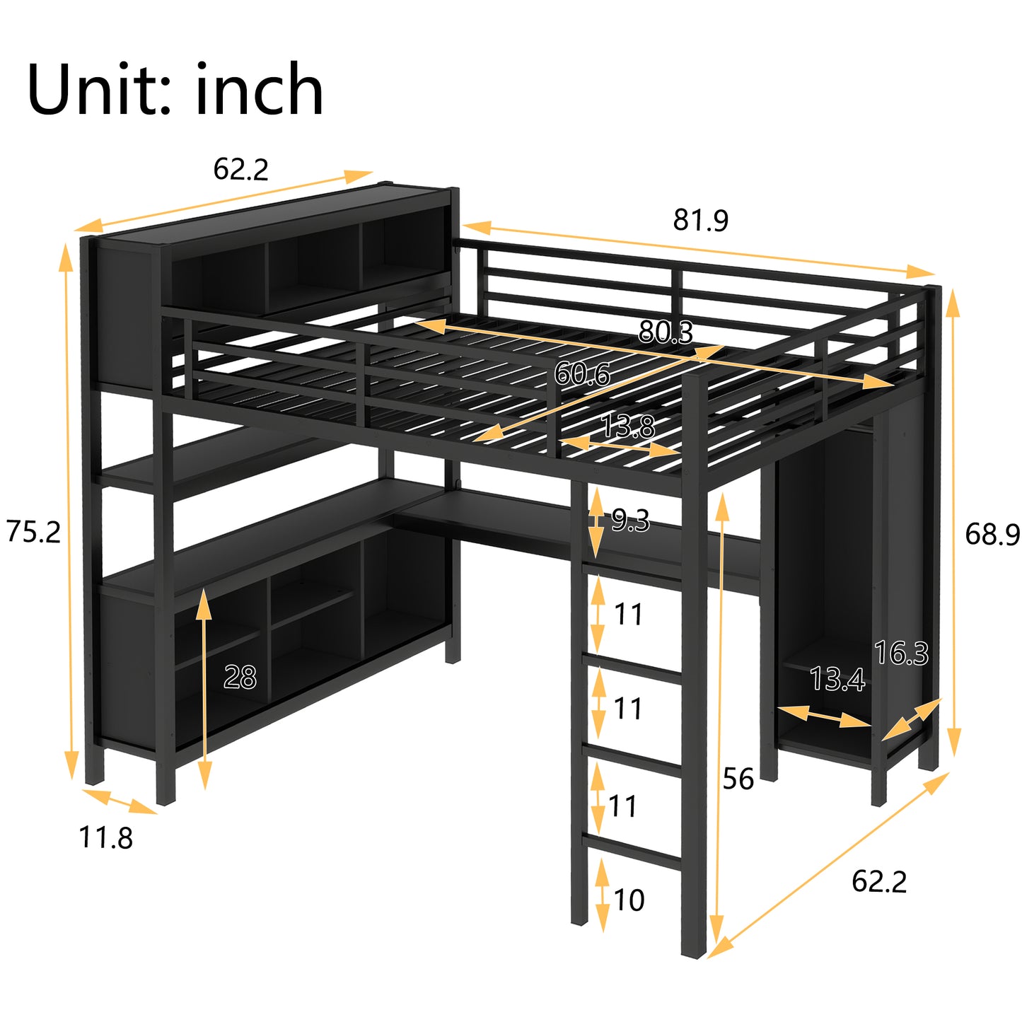Metal Loft Bed with Wardrobe And L-shaped Desk, Queen Size Loft Bed with Storage Cubes and Shelves, Heavy Duty Loft Bed for Kids Teens Adults, Black image 4