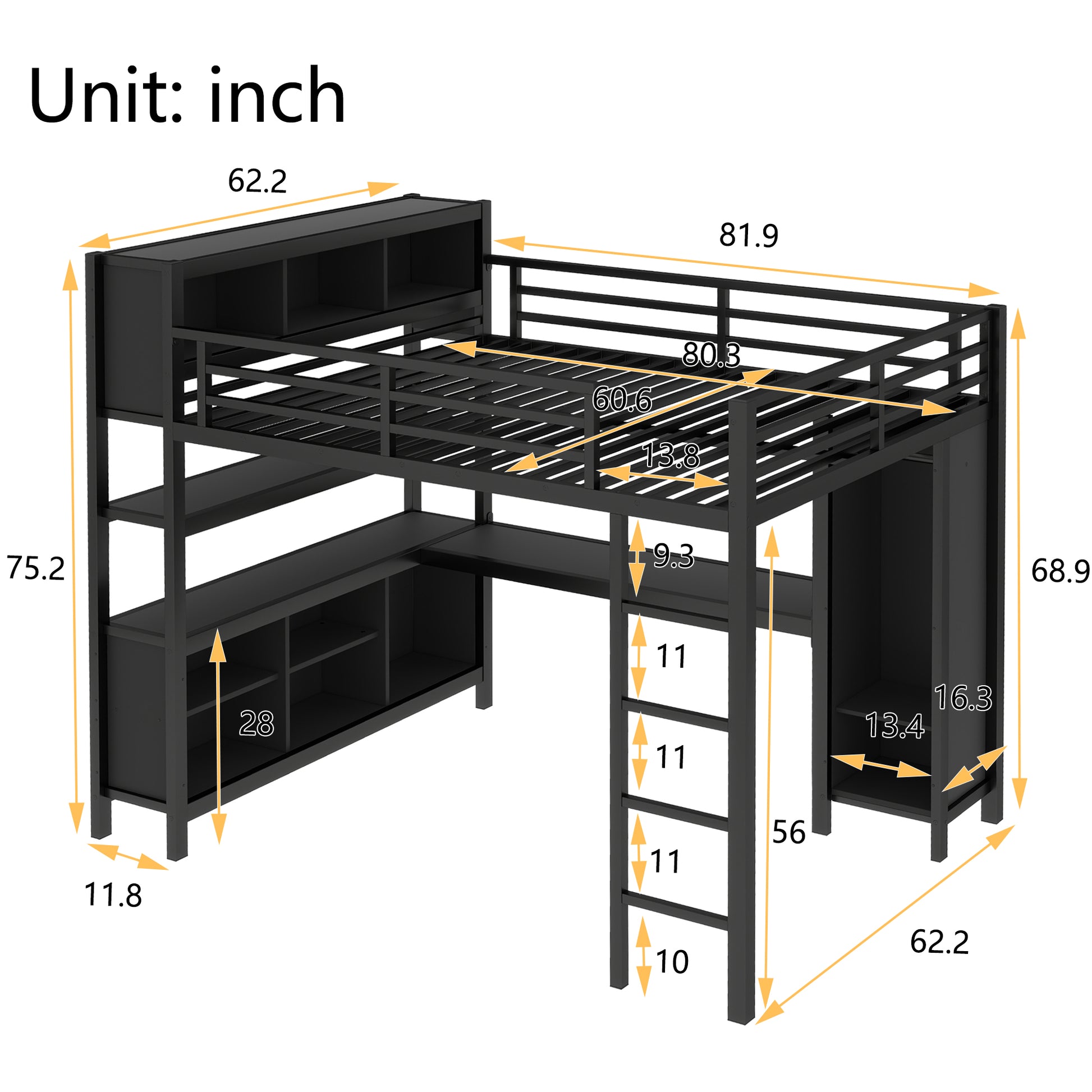 Metal Loft Bed with Wardrobe And L-shaped Desk, Queen Size Loft Bed with Storage Cubes and Shelves, Heavy Duty Loft Bed for Kids Teens Adults, Black image 4