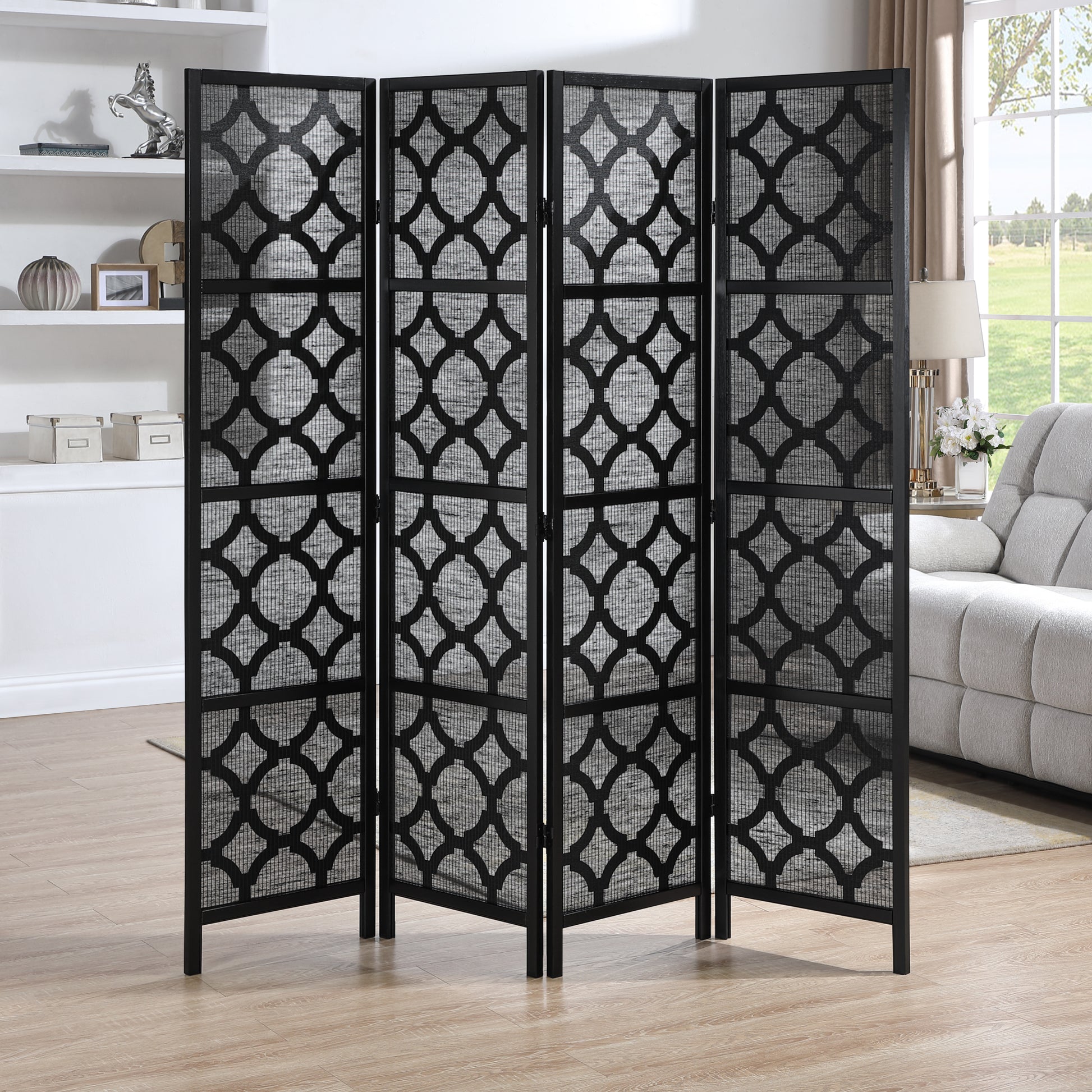 Quarterfoil infused Diamond Design 4-Panel Room Divider, Black image 1