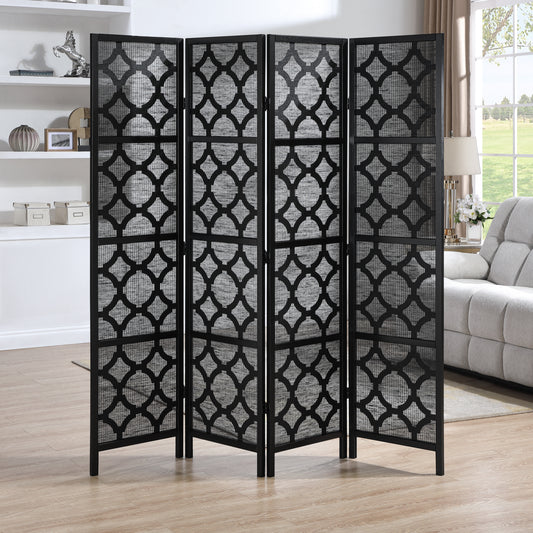 Quarterfoil infused Diamond Design 4-Panel Room Divider, Black image 1