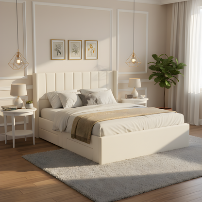 Large-capacity upholstered storage bed with drawers,Beige,Queen image 4