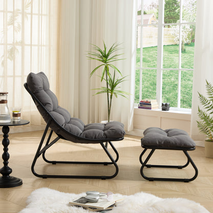 Patio Outdoor Lounge Chair with Ottoman, Comfy Sling Recliner Chair with Puffy Cushion and Foot Stool, Ideal for Living Room, Bedroom, Reading Room, Black frame with grey cushion image 4