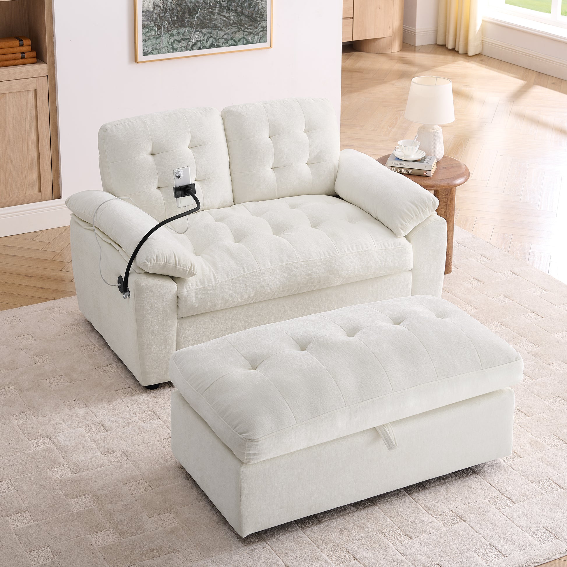 Leisure sofa chair,Double sofa recliner, with manually adjustable backrest, soft padded armrests, side USB charging port and phone stand, comes with a matching storage ottoman-Beige image 3